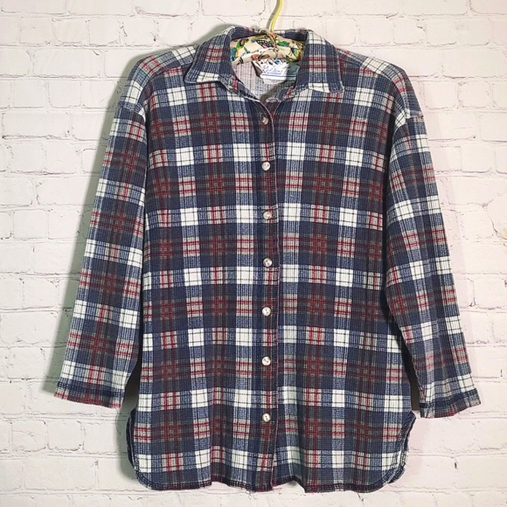 Vintage 80s Waffle Knit Blue Red Plaid Flannel Button Front Shirt Womens Small - Picture 3 of 16